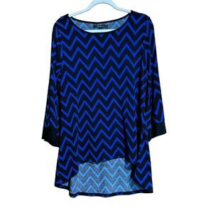 Calessa Top Womens Large Blue Black Chevron Print Stretch Asymmetrical Blouse